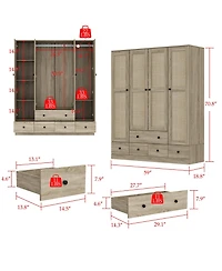 Homsee Brown Wood Grain Rattan Doors Design Armoires Wardrobe with 5-Drawers