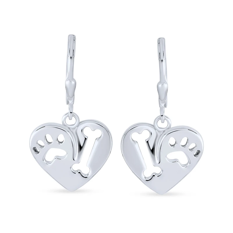 Bling Jewelry I Love My Dog Heart Shape Cut Out Puppy Pet Bone Animal Lover Paw Print Drop Dangle Lever back Earrings For Women Rose Gold Plated .925