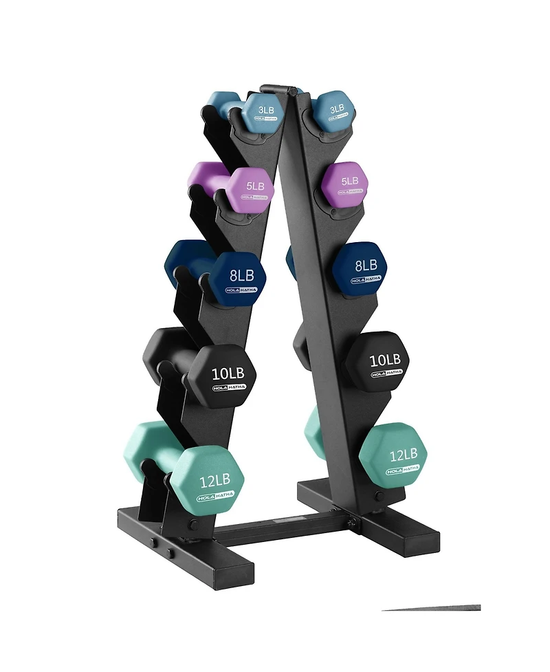 HolaHatha 3, 5, 8, 10 & 12 Pound Neoprene Dumbbell Weight Set with Storage Rack