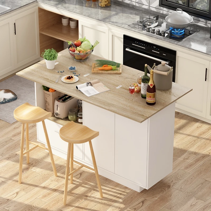 Kitchen island with 2 doors, 1 drawer, island storage table with dining table, coffee station and microwave rack for home and dining room, white