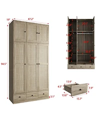 Famapy Brown Rattan Doors Wardrobe with 3-Drawers,Hanging Rod,Top Cabinet