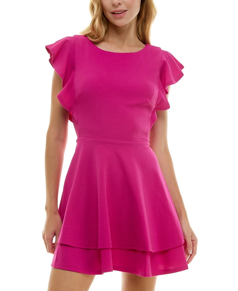 Crystal Doll Juniors' Ruffle-Sleeve Fit & Flare Dress