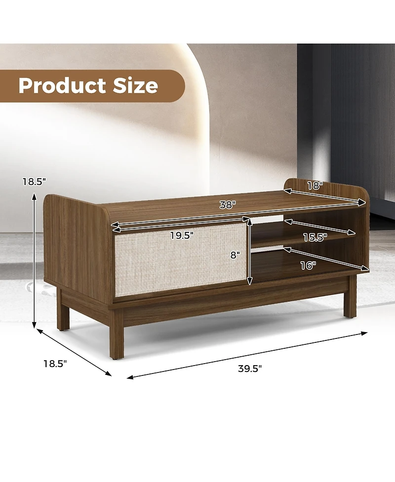 Gymax Rectangular Coffee Table w/ Storage Weaving Sliding Door & Adjustable Shelf