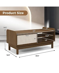Gymax Rectangular Coffee Table w/ Storage Weaving Sliding Door & Adjustable Shelf