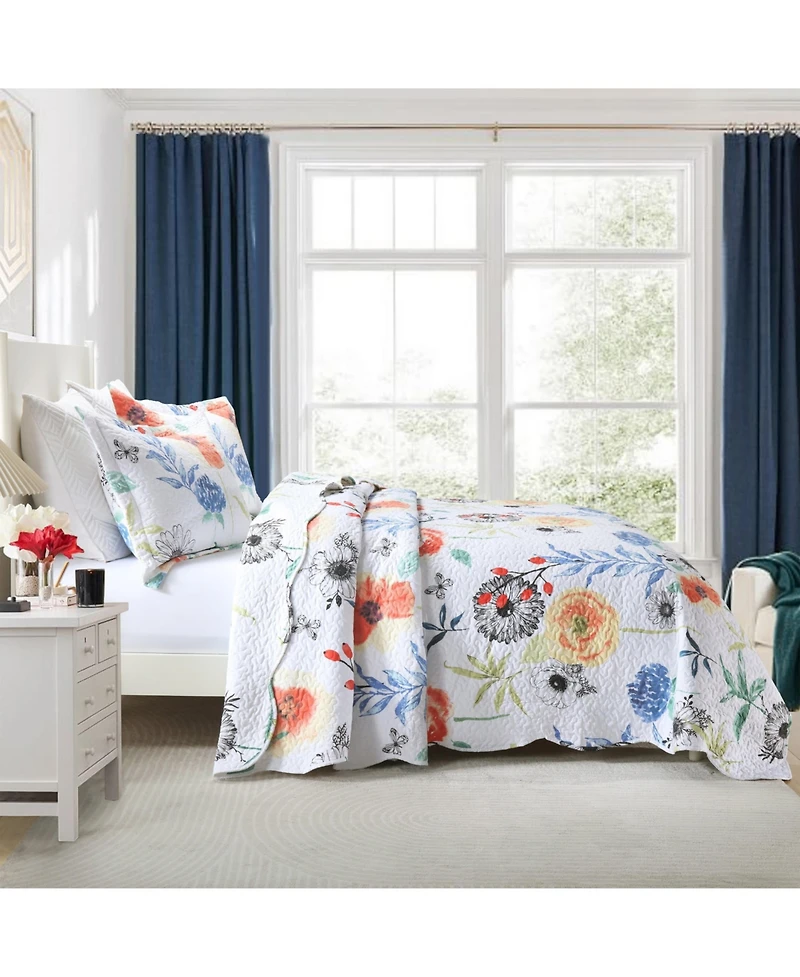 MarCielo 3 Pcs Printed Floral Lightweight Quilt Bedspread Set Queen