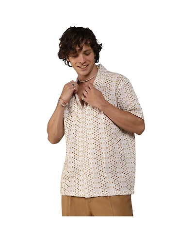 Men's Off-White & Tan Brown Embroidered Circular Shirt