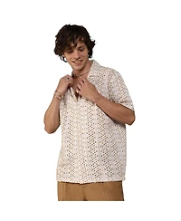 Men's Off-White & Tan Brown Embroidered Circular Shirt