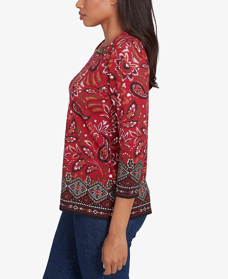 Ruby Rd. Petite Embellished Envelope Neck Paisley Border Printed Knit Top