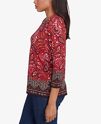 Ruby Rd. Petite Embellished Envelope Neck Paisley Border Printed Knit Top