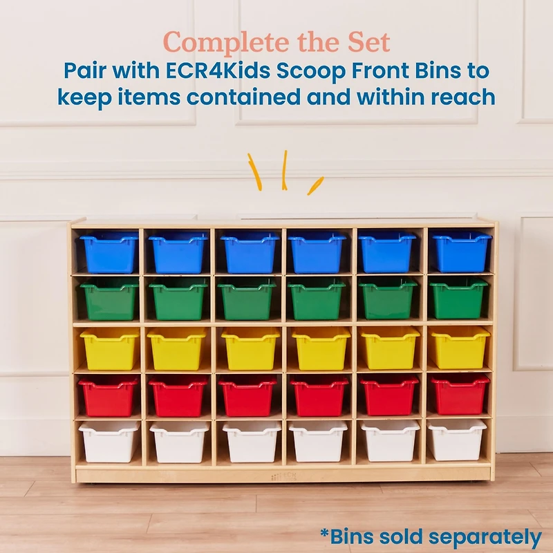 ECR4Kids 30 Cubby Mobile Tray Storage Cabinet, 5x6, Natural, 1