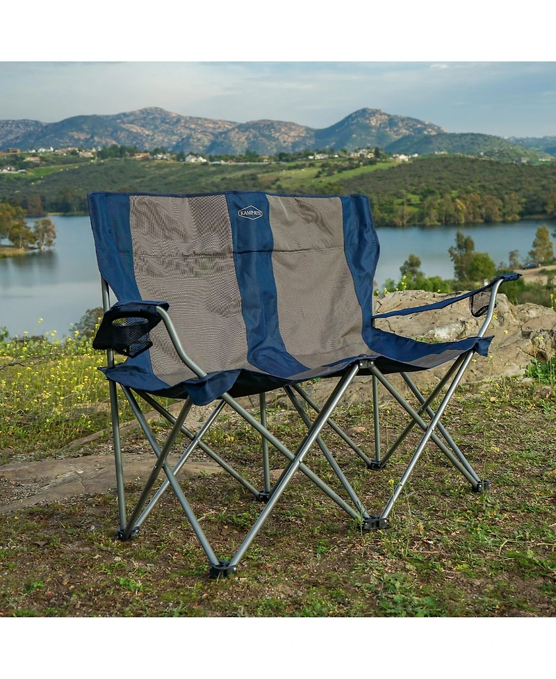 Kamp-Rite Portable Folding Outdoor Double Camping Lawn Beach Chair, Navy/Tan