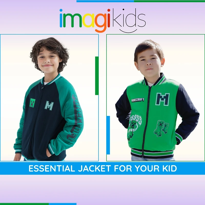 Minecraft Boys Creeper French Terry Zip Up Varsity Bomber Jacket
