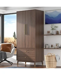 Famapy Grey Armoire with 2-Drawers, Hanging Rod and Gold Metal Handles