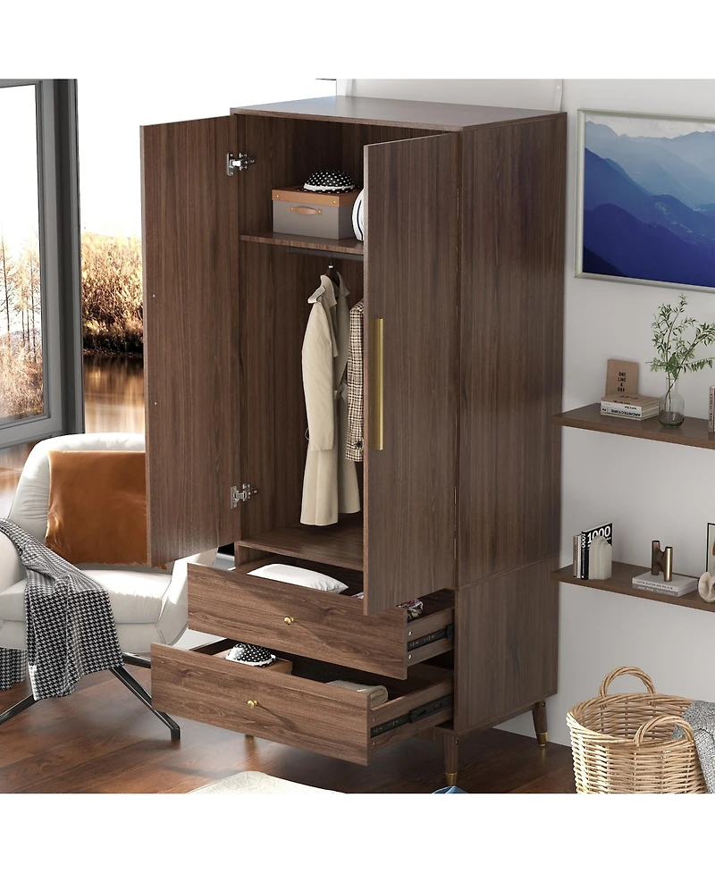 Famapy Grey Armoire with 2-Drawers, Hanging Rod and Gold Metal Handles