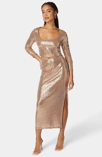 Bebe Women's 2 Piece Long Sleeve Disco Dot with Midi Skirt