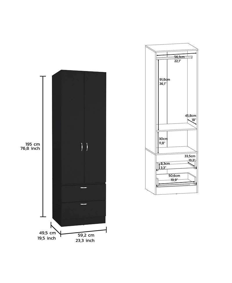 Vicco Armoire Wardrove 76" H, Hanging Rod, 2 Drawers, 1 Shelf