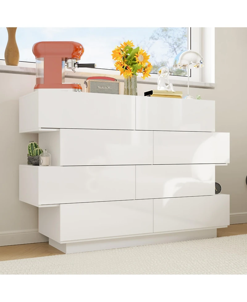 Homsee High Gloss White Wood 8-Drawer Double Dresser Modern Style