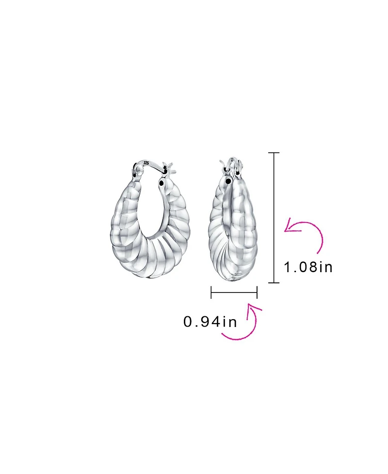 Bling Jewelry Lightweight Slender Hollow Puff Ribbed Scalloped Style Oval Tube Hoop Earrings .925 Sterling Silver 1 Inch