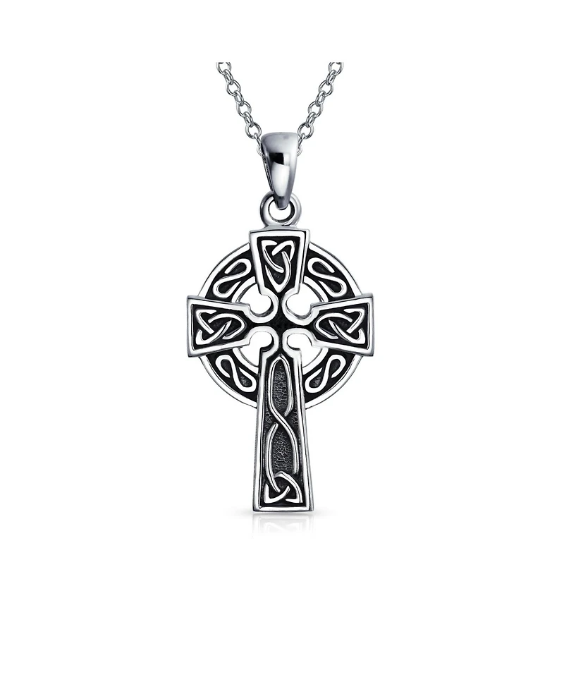 Bling Jewelry Style Viking Irish Eternal Circle Love Knot Religious Infinity Trinity Celtic Cross Pendant Necklace Oxidized .925 Sterling Silver