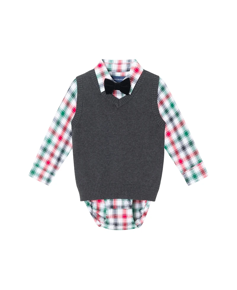 Andy & Evan Baby Boys White Plaid Buttondown w/Charcoal Sweater Vest Bowtie