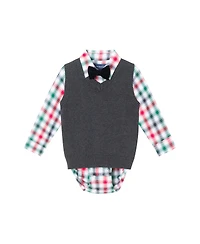 Andy & Evan Baby Boys White Plaid Buttondown w/Charcoal Sweater Vest Bowtie