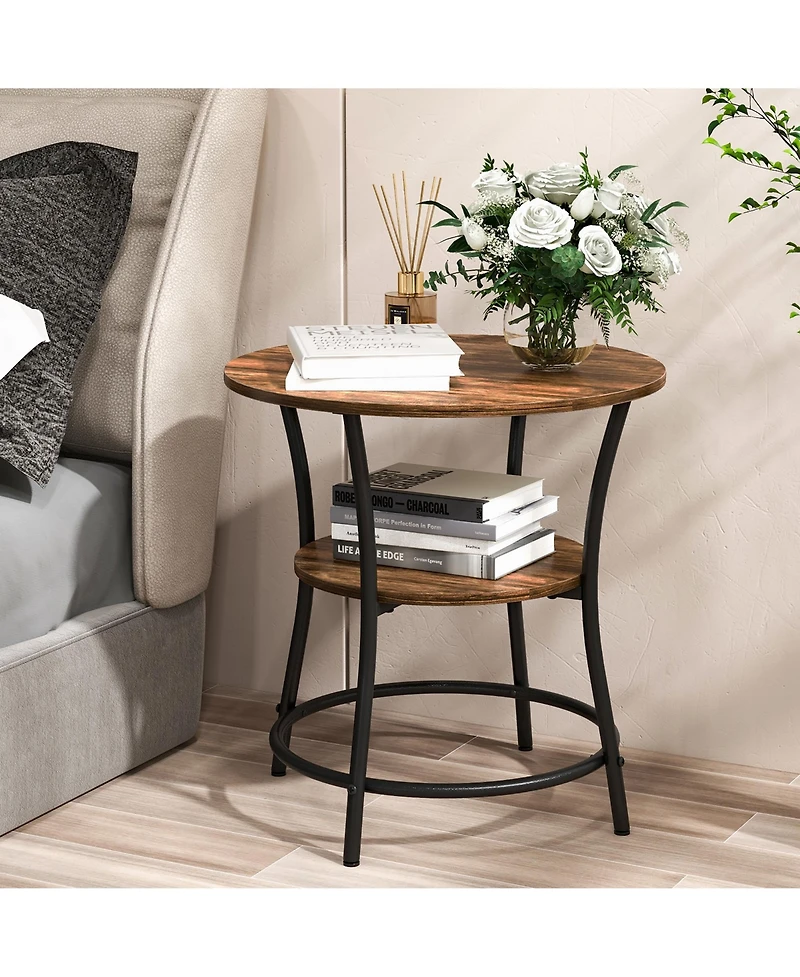 Gymax 2-Tier Side Table Compact Round Metal Frame Coffee w/ Open Shelf Brown