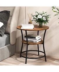 Gymax 2-Tier Side Table Compact Round Metal Frame Coffee w/ Open Shelf Brown