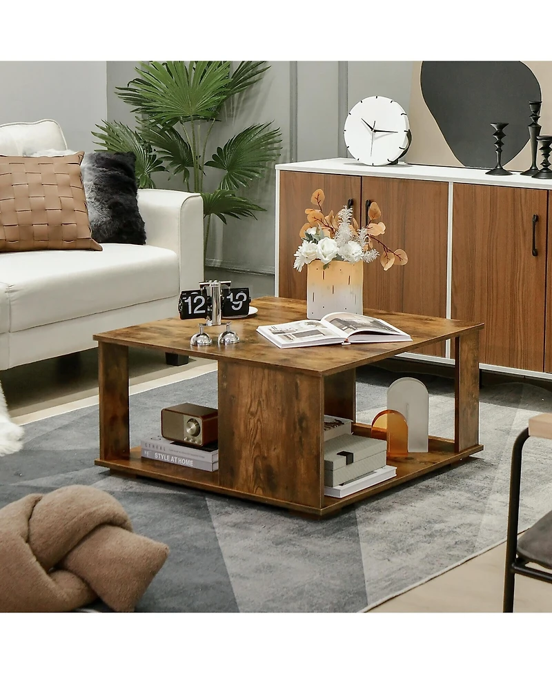 Gymax 2-Tier Square Coffee Table w/ Storage Industrial Center Table for Living Room