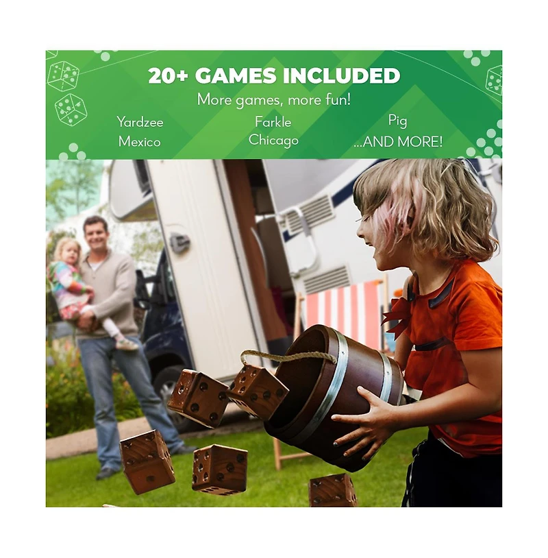 Swooc Games - Yardzee, Farkle, & 20+ Games | Giant Yard Dice Set (All Weather) with Wooden Bucket, 5 Big Laminated Scorecards & Marker