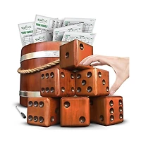 Swooc Games - Yardzee, Farkle, & 20+ Games | Giant Yard Dice Set (All Weather) with Wooden Bucket, 5 Big Laminated Scorecards & Marker