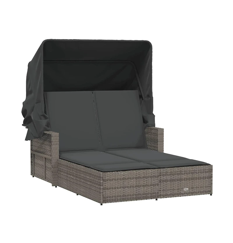 vidaXL Double Sun Lounger with Canopy and Cushions Gray Poly Rattan