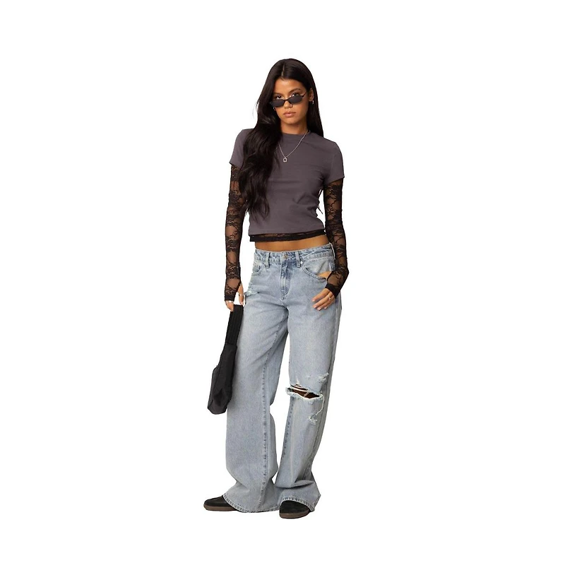 Edikted Womens Adam Distressed Wide Leg Jeans