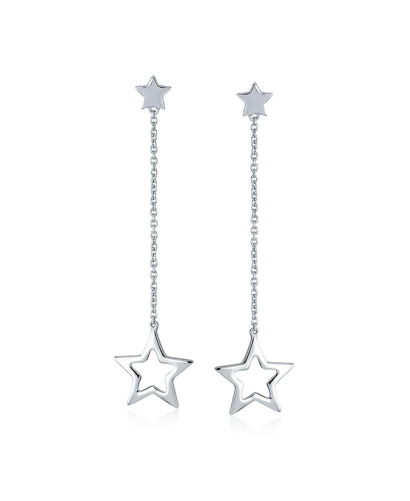 Bling Jewelry Celestial American Patriotic Usa Rock Star Chain Long Linear Dangle Open Star Earrings .925 Sterling Silver 2.5 Inch