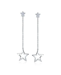 Bling Jewelry Celestial American Patriotic Usa Rock Star Chain Long Linear Dangle Open Star Earrings .925 Sterling Silver 2.5 Inch