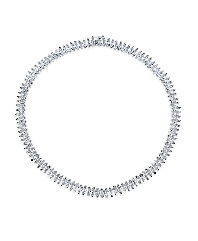 Bling Jewelry Art Deco Style Holiday Day Party Clear White Cubic Zirconia Marquise Formal Statement Tennis Necklace Prom Silver Plated