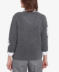 Alfred Dunner Women's Copenhagen Floral Collared Two in One Sweater