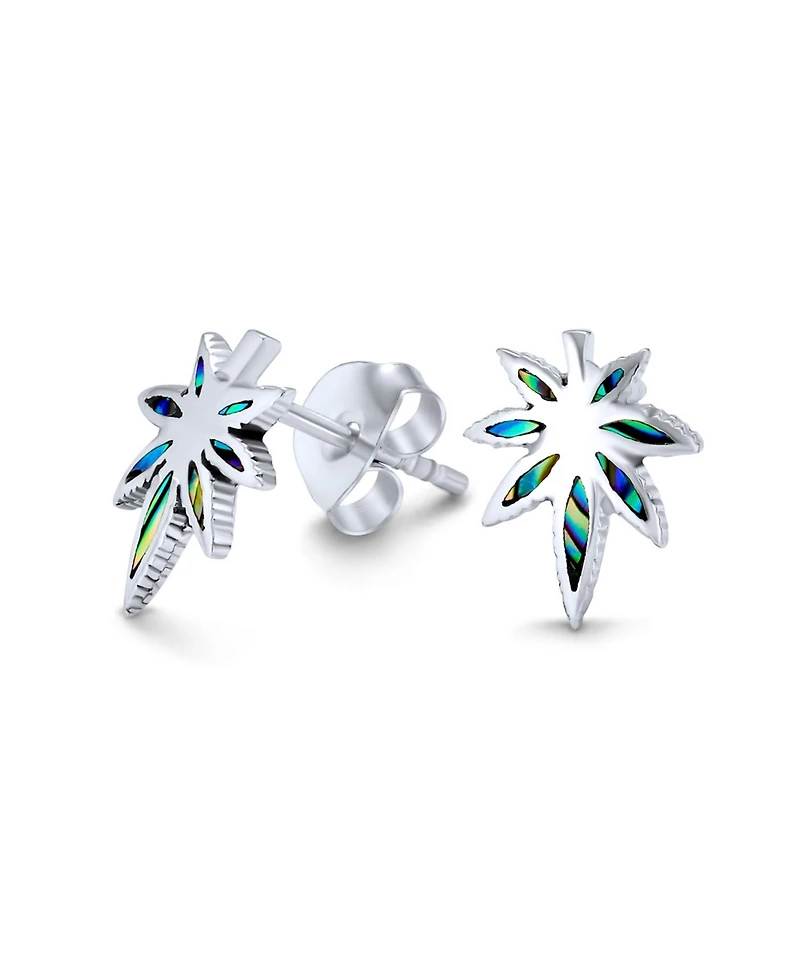Bling Jewelry Rainbow Iridescent Inlay Abalone Shell Weed Marijuana Leaf Stud Earrings Western Jewelry .925 Sterling Silver Lever Back