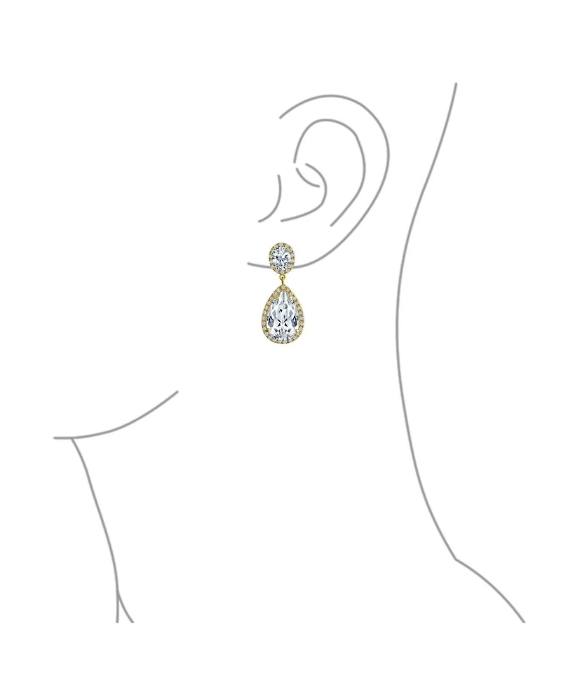 Bling Jewelry Cubic Zirconia Pave Cz Halo Statement Large Teardrop Dangle Clip On Earrings Prom 14K Gold Plated Brass