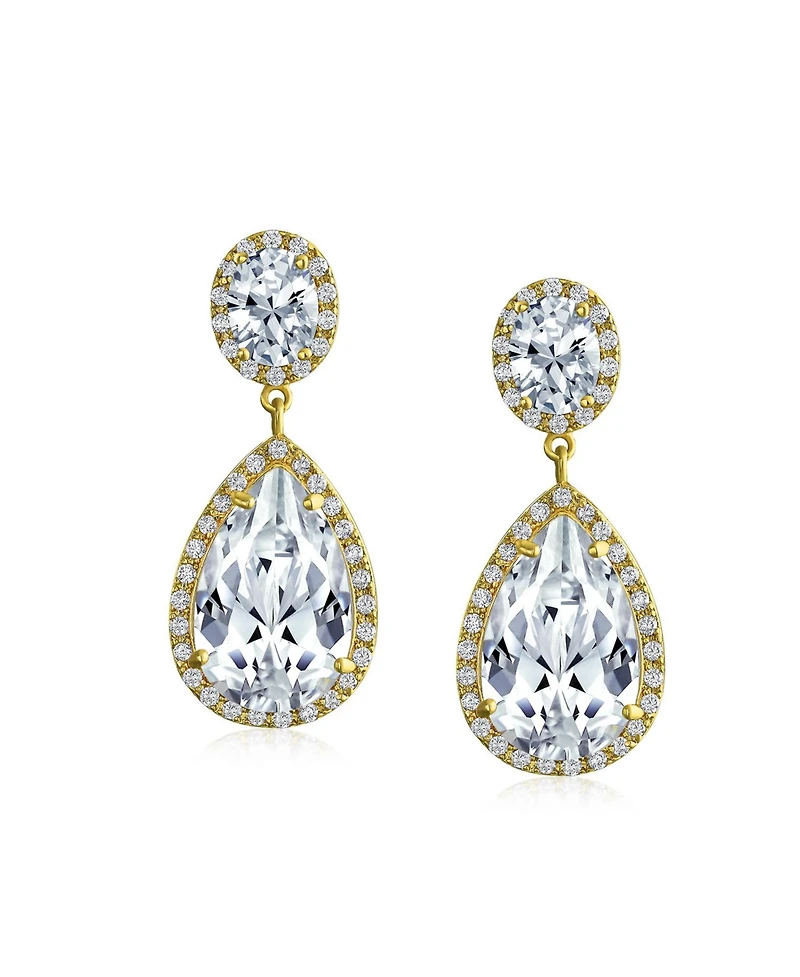 Bling Jewelry Cubic Zirconia Pave Cz Halo Statement Large Teardrop Dangle Clip On Earrings Prom 14K Gold Plated Brass
