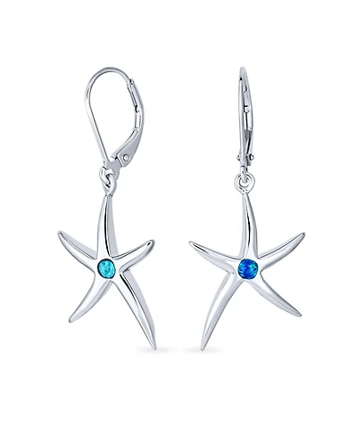 Bling Jewelry Blue Created Opal Accent Nautical Ocean Marine Life Starfish Drop Lever back Earrings .925 Sterling Silver