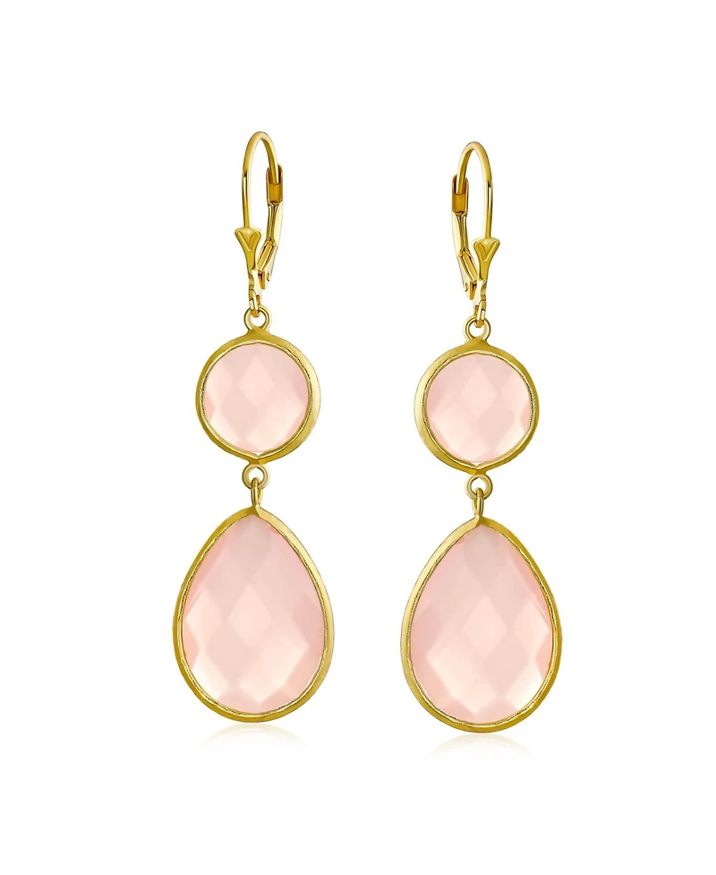 Bling Jewelry Elegant Soft Pink Dangle Earrings Double Round Teardrop, Lever Back 14K Gold-Plated .925 Sterling Silver