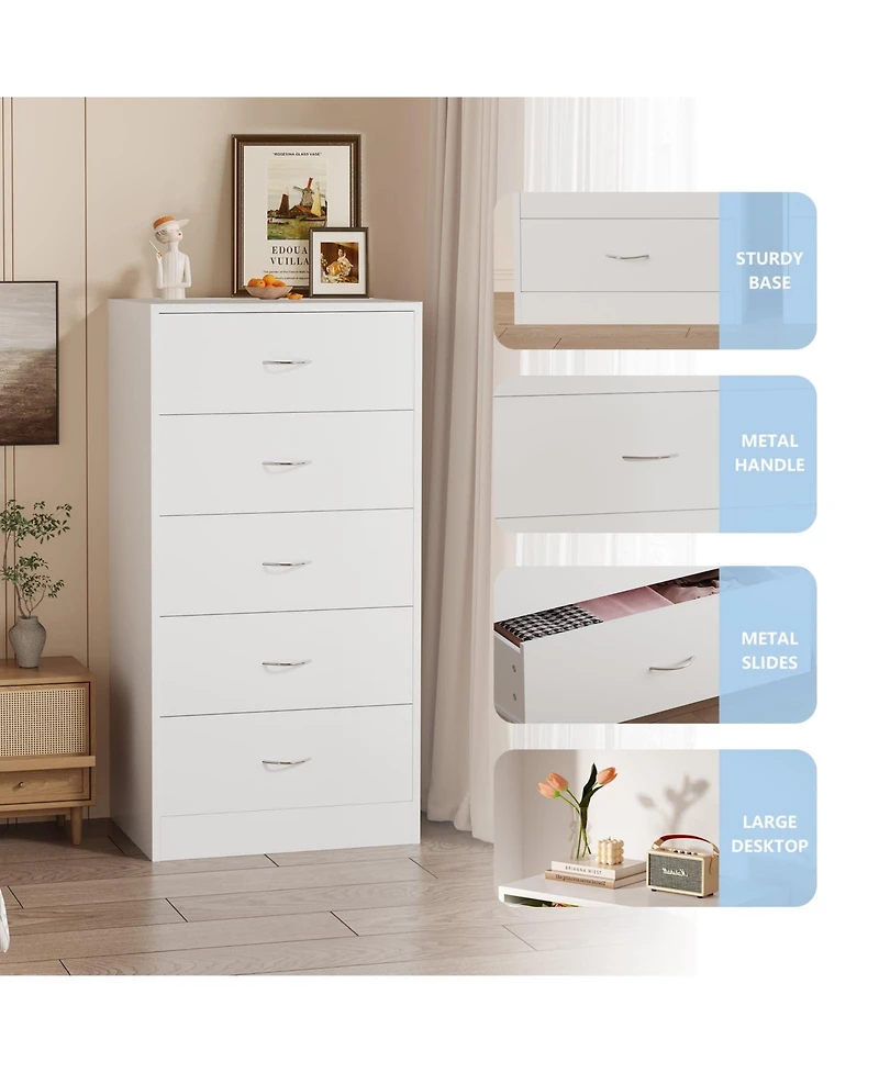 5 Drawer Dresser White Modern Wood Chest of Drawers for Bedroom