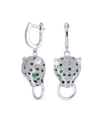 Bling Jewelry Estate Art Deco Style Animal Spotted Black White Panther Cat Green Eye Cubic Zirconia Pave Cz Lever Back Dangle Earrings Silver Plated B