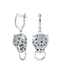 Bling Jewelry Estate Art Deco Style Animal Spotted Black White Panther Cat Green Eye Cubic Zirconia Pave Cz Lever Back Dangle Earrings Silver Plated B