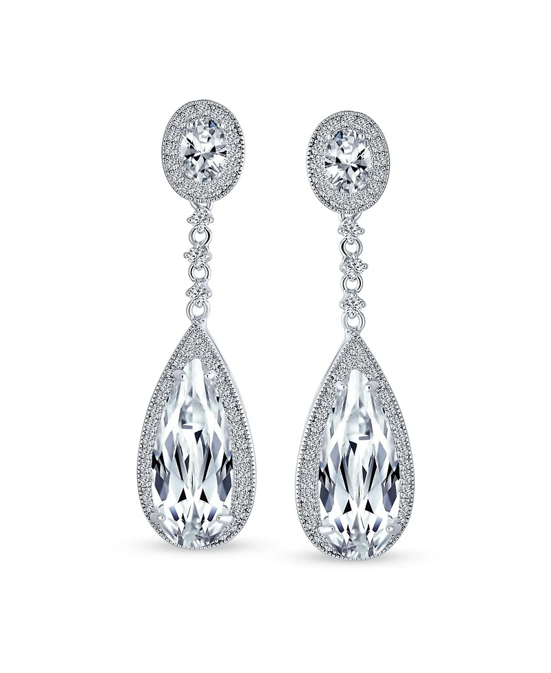 Bling Jewelry Classic Art Deco Style Halo Linear Long Cz Statement Dangle Teardrop Chandelier Earrings Silver Plated