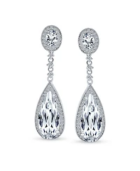 Bling Jewelry Classic Art Deco Style Halo Linear Long Cz Statement Dangle Teardrop Chandelier Earrings Silver Plated
