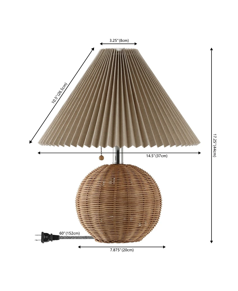 Jonathan Y Aksel 17.25" Coastal Scandinavian Resin/Iron Sphere Led Table Lamp with Pleated Shade and Pull Chain, Beige Wood Finish/White