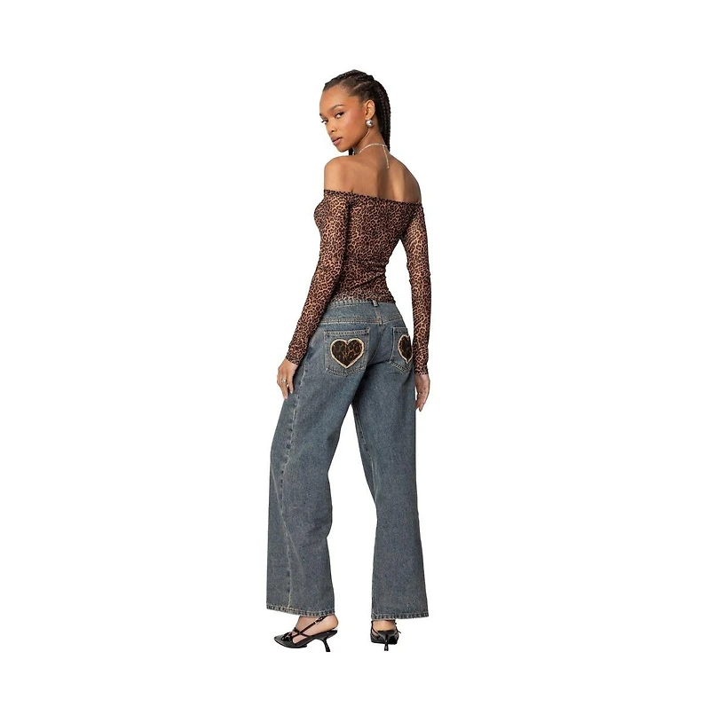 Edikted Womens Leopard Sheer Mesh Off Shoulder Top