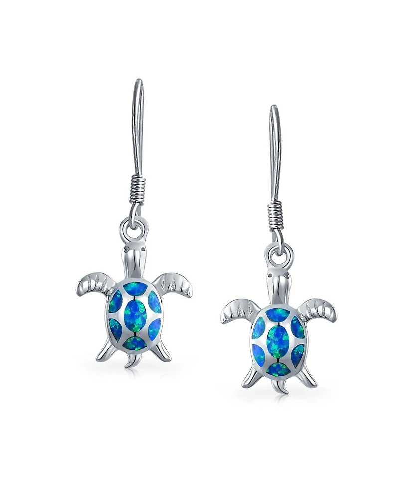 Bling Jewelry Nautical Aquatic Tropical Beach Vacation Iridescent Blue Created Opal Inlay Sea Tortoise Turtle Dangle Drop Earrings .925 Sterling Silve