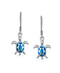 Bling Jewelry Nautical Aquatic Tropical Beach Vacation Iridescent Blue Created Opal Inlay Sea Tortoise Turtle Dangle Drop Earrings .925 Sterling Silve